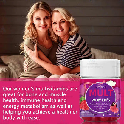 Two women hugging with a bottle of BIYODE MULT Women's multivitamins in the foreground.