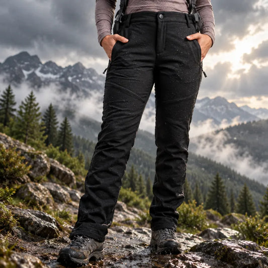 A person wearing black technical outdoor pants and hiking boots stands on a rocky mountain trail with misty pine forests and snow-capped peaks in the background.