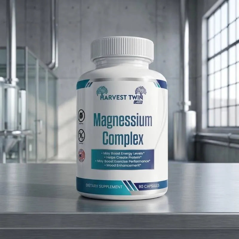 A white bottle of Harvest Twin Labs Magnesium Complex dietary supplement, set on a metallic gray counter in a modern, softly blurred industrial kitchen environment.