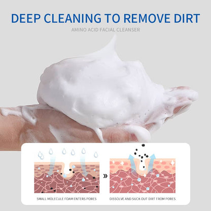 Facial cleanser with foam being applied to skin, showing deep cleaning process.