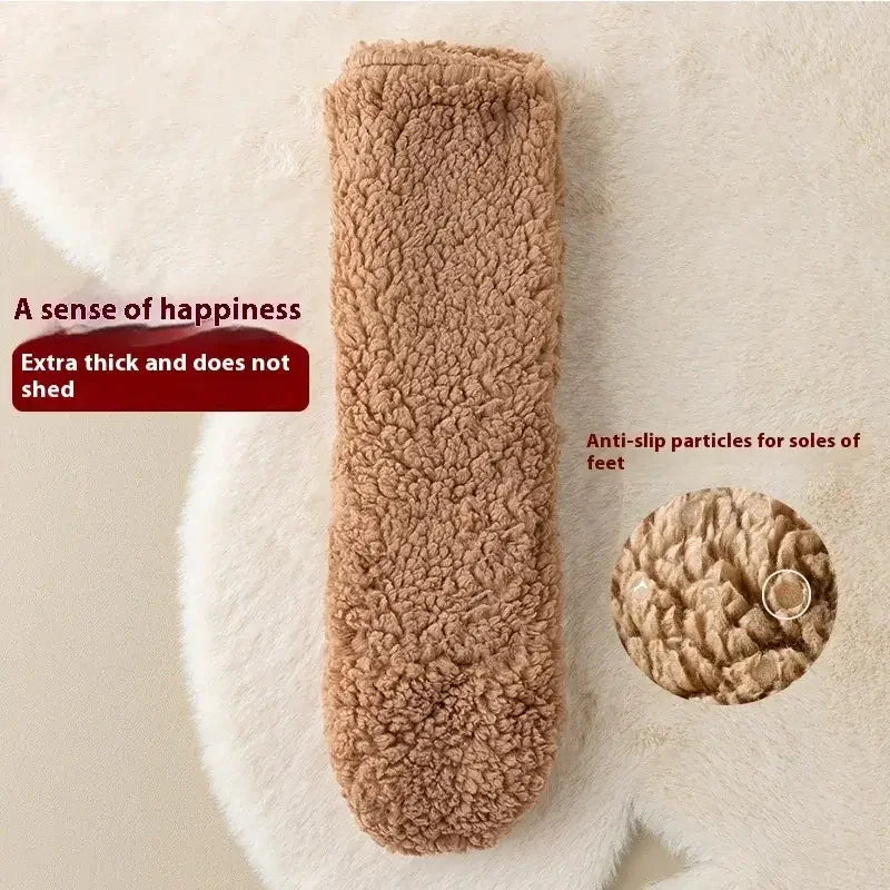 Brown fuzzy anti-slip fitness sock with extra thick, non-shedding material on soft surface