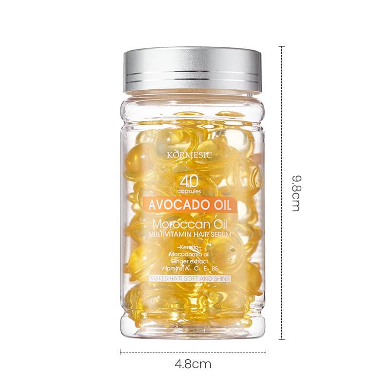 Bottle of avocado oil capsules with dimensions on a white background