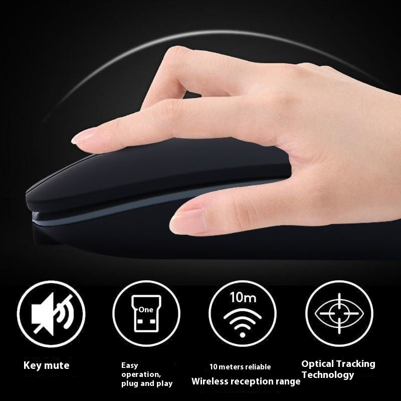 Hand using a black computer mouse with feature icons and text on a dark background
