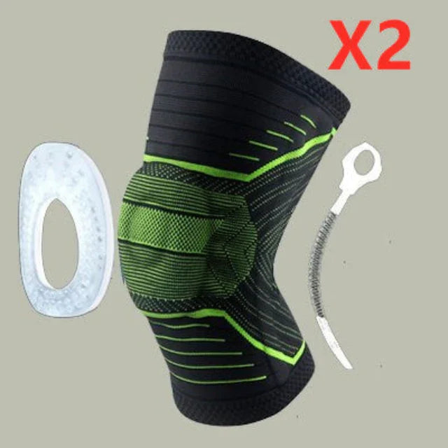 Compression knee brace with green accents, support insert, and spring stabilizer, set of 2