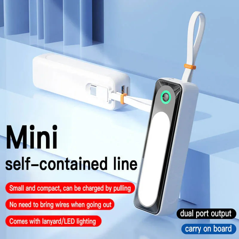 Mini portable power bank with USB ports, LED lighting, and built-in charging cable, compact size