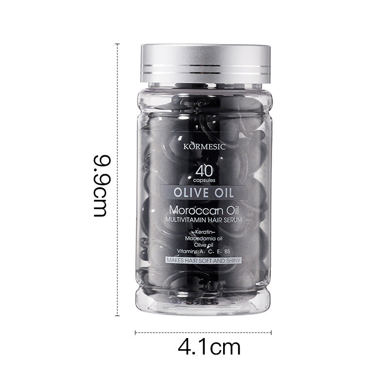 Körmesic olive oil and Moroccan oil multivitamin hair serum bottle with dimensions on a white background