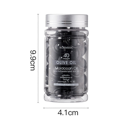 Körmesic olive oil and Moroccan oil multivitamin hair serum bottle with dimensions on a white background