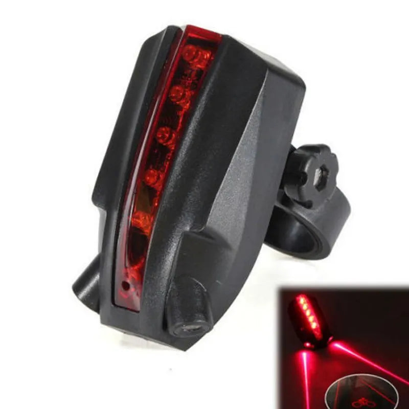 Black bicycle rear light with a red LED light strip, shown on a white background with a small inset demonstrating the red light beam and tail light effect.