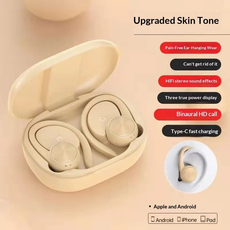 Beige wireless earbuds in a charging case with feature text on a beige background