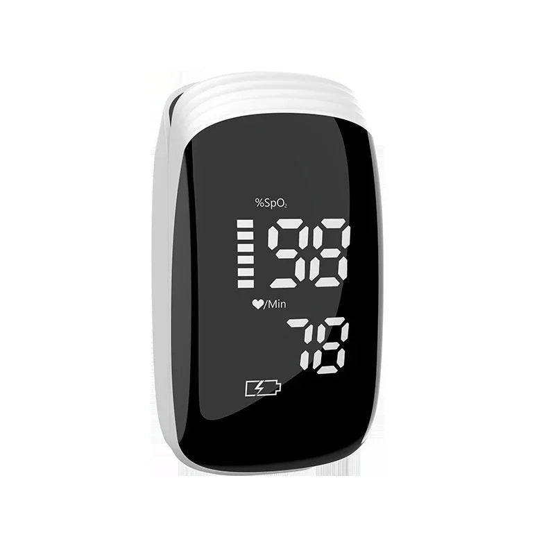 Digital finger pulse oximeter displaying blood oxygen level and heart rate on a clear screen