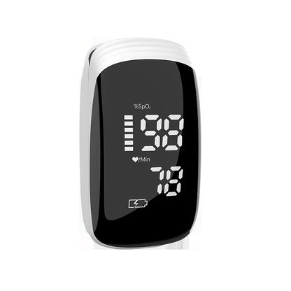 Digital finger pulse oximeter displaying blood oxygen level and heart rate on a clear screen
