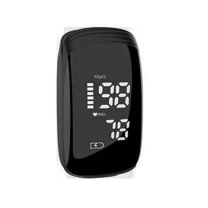 Digital pulse oximeter with LED display showing SpO2 and heart rate readings