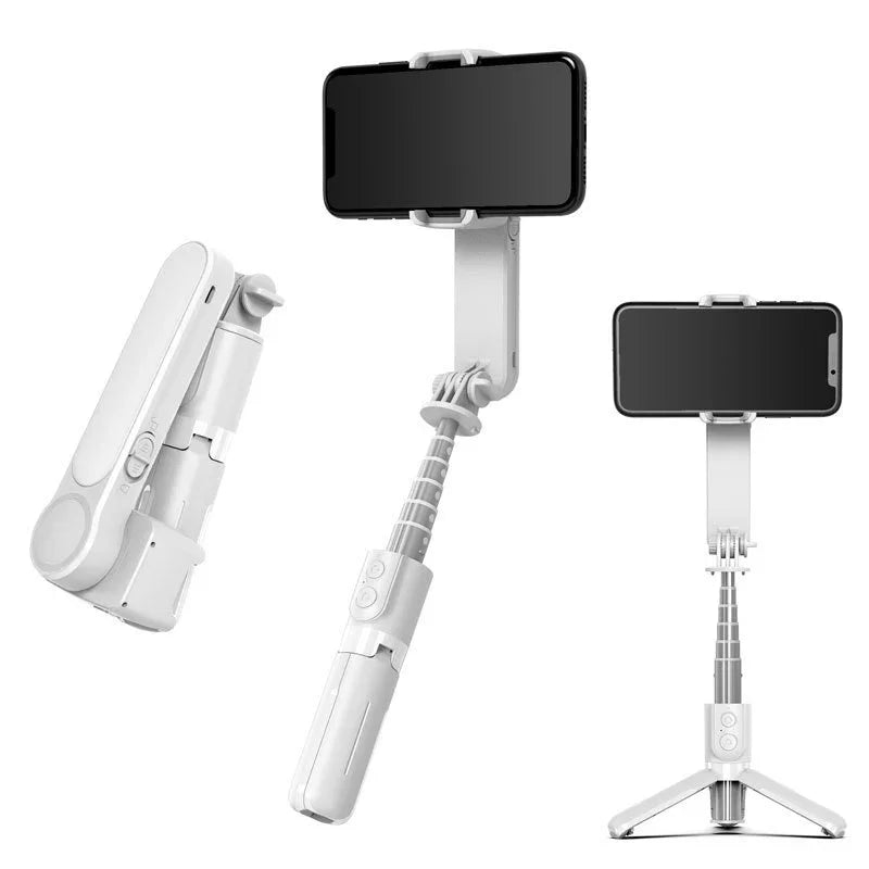 Adjustable white selfie stick tripod with smartphone holder for fitness filming