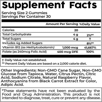 A close-up of a black-and-white Supplement Facts label for gummy vitamins, showing serving size 2 gummies, 30 servings per container, and a list of ingredients including Vitamin B12, folate, and other non-GMO cane sugar components.