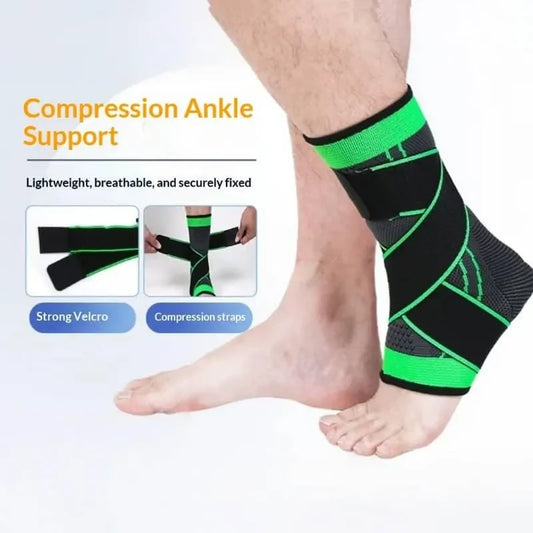 Compression ankle support with green accents on a white background