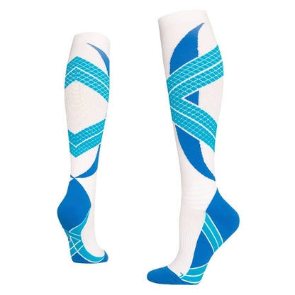 White knee-high socks with blue geometric pattern on a white background