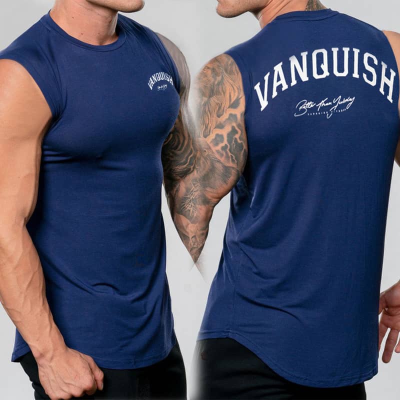 Two people wearing blue sleeveless shirts with 'Vanquish' branding, one facing front and one facing back.