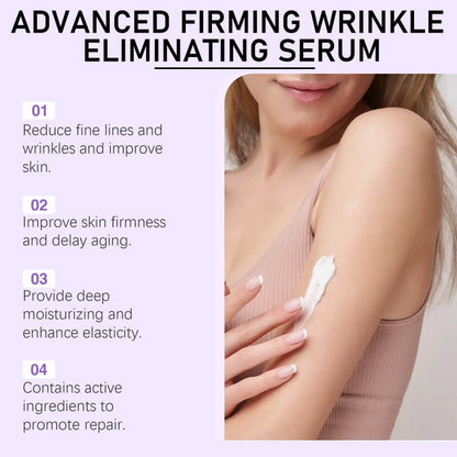 Woman applying wrinkle eliminating serum on upper arm, skincare benefits listed on left side.