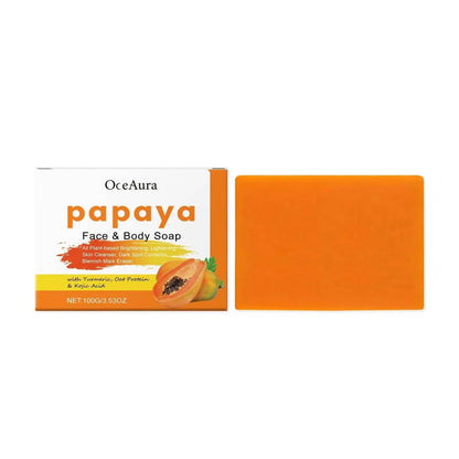 Papaya face and body soap with turmeric, oat protein, and kojic acid in packaging and bar form