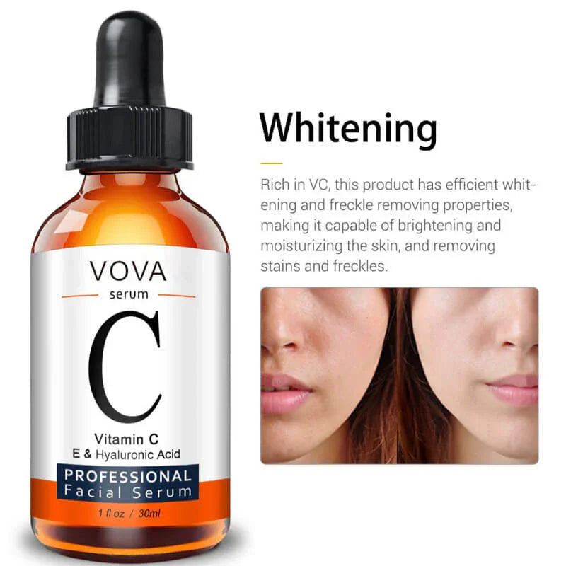 Vitamin C facial serum bottle with dropper, before and after results on clear skin