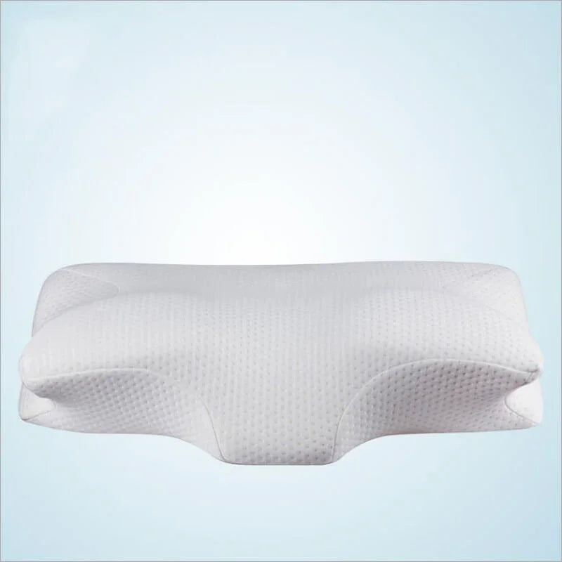 Ergonomic memory foam contour pillow with breathable white cover on light blue background