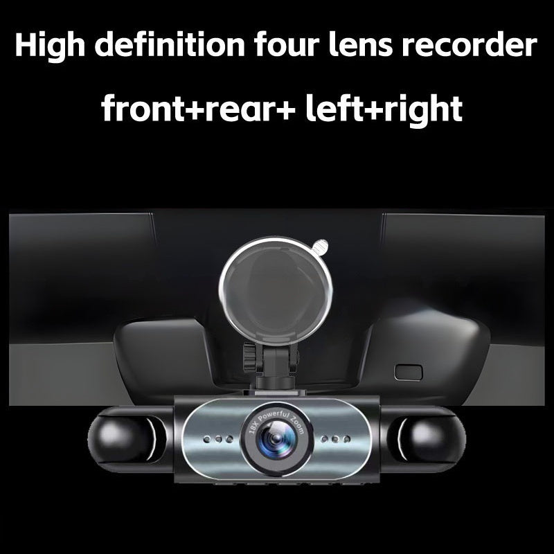 Car dashboard camera with four lenses labeled front, rear, left, and right on a black background.