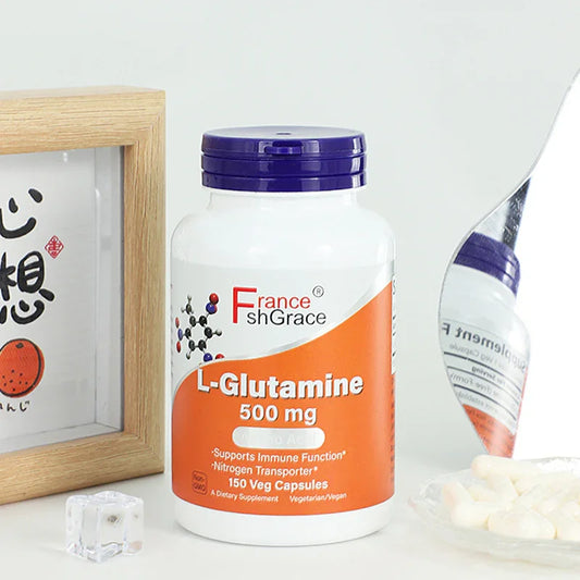L-Glutamine 500mg dietary supplement bottle with 150 vegetarian capsules for immune support