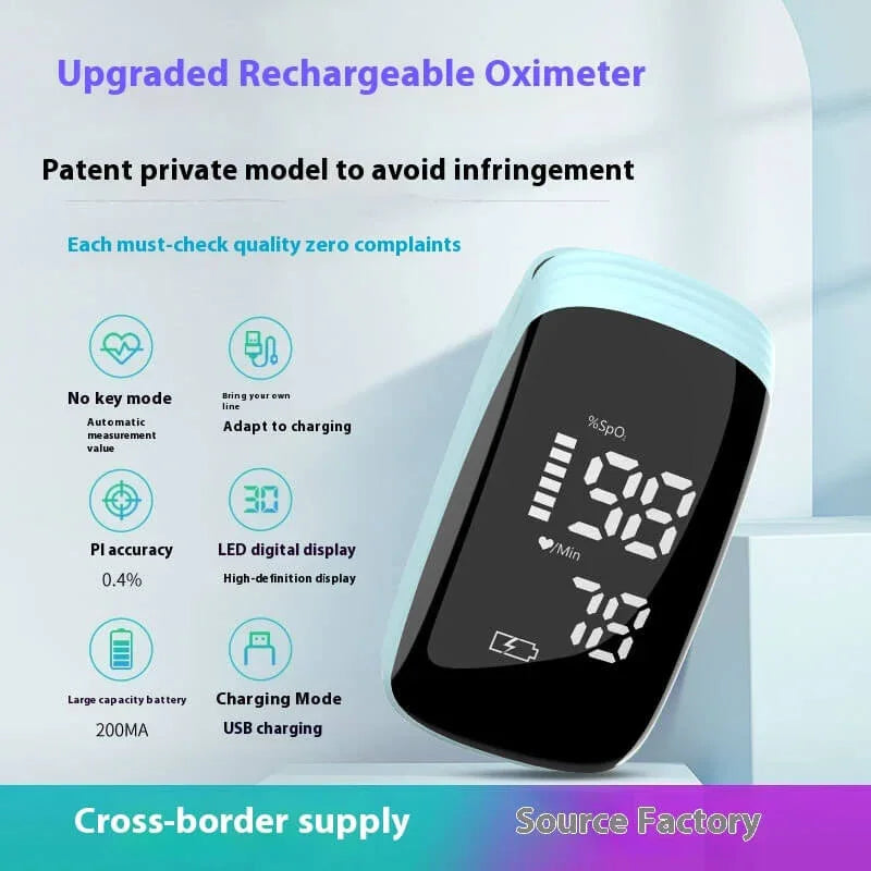 Upgraded rechargeable digital oximeter with LED display and USB charging, shown in close-up.