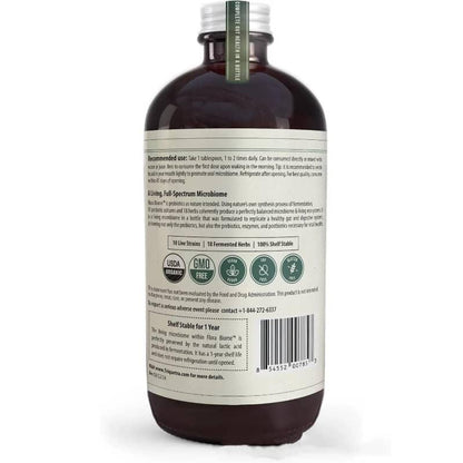 Back label of an organic probiotic supplement bottle with usage instructions and certification icons.