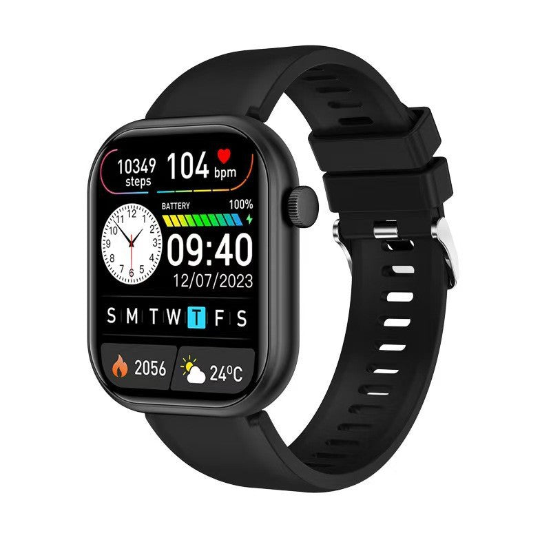 Black smartwatch with a colorful display on a white background