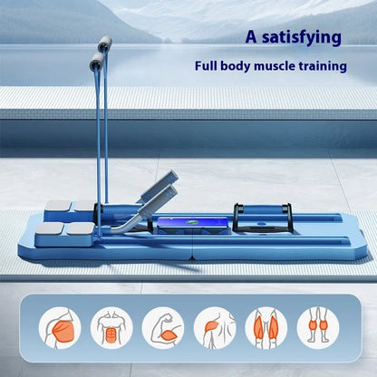 Blue exercise machine on a tiled floor with text about full body muscle training.