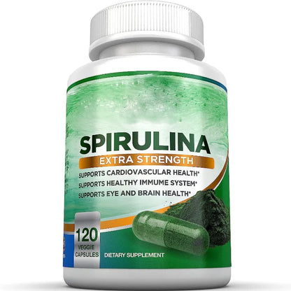 Spirulina supplement bottle with green label on a white background