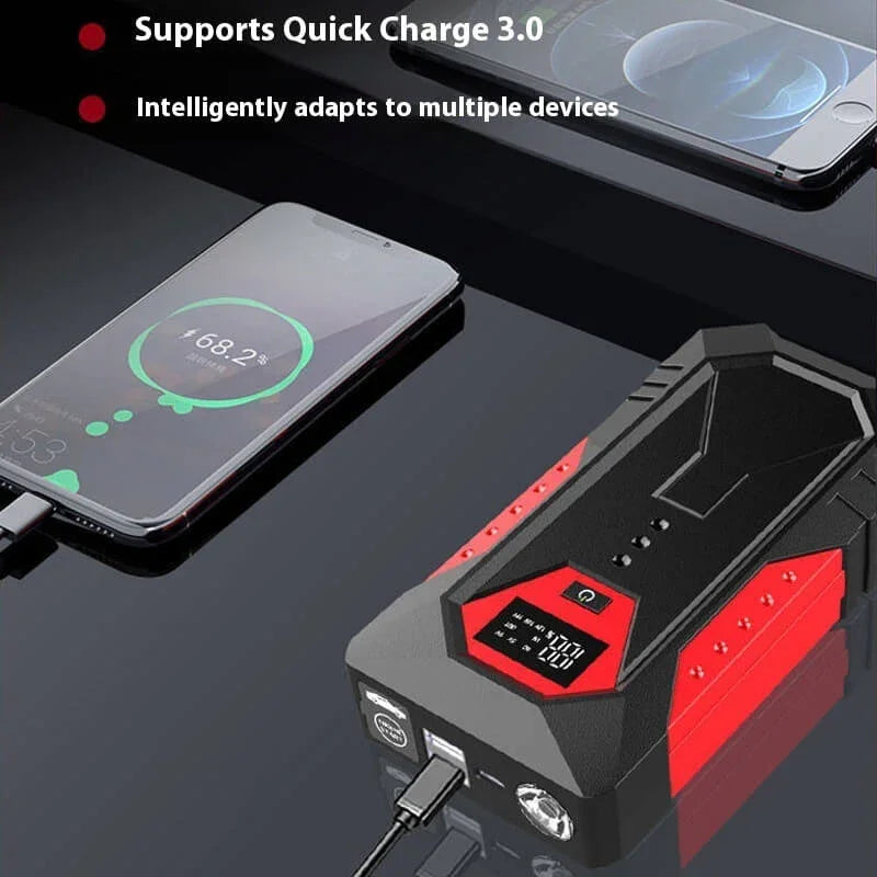 Portable power bank charging smartphone, supports Quick Charge 3.0, black and red design