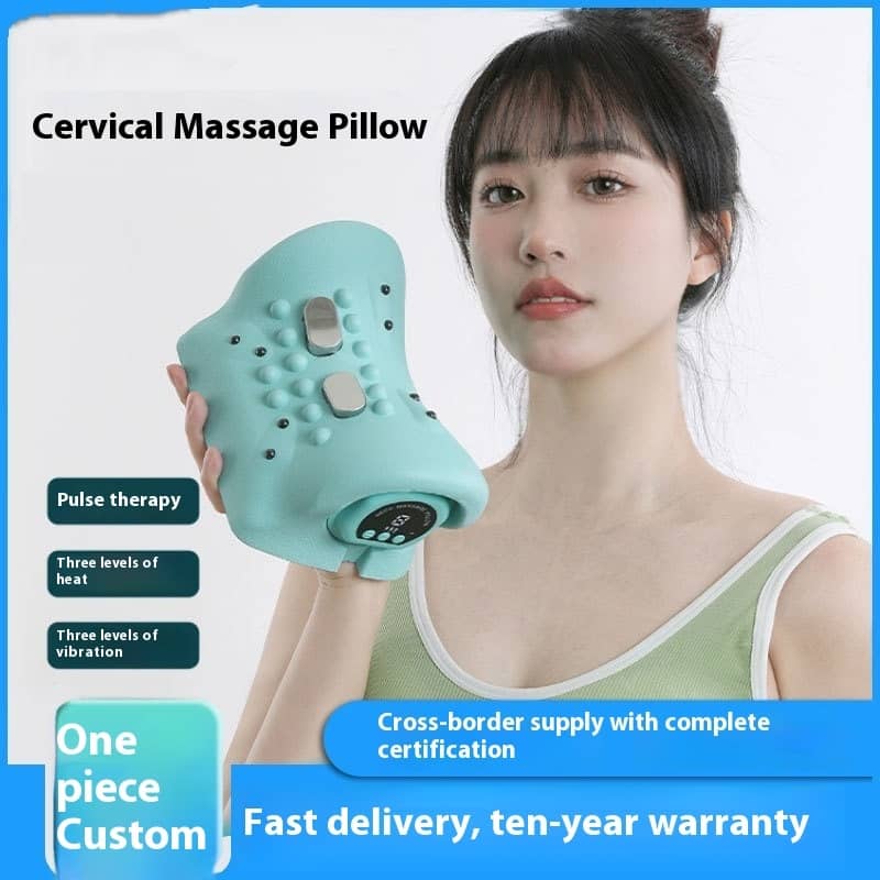 Woman holding a cervical massage pillow with product features displayed on a blue border