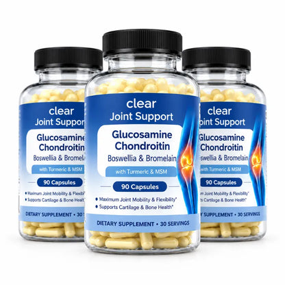 Three clear supplement bottles with black caps and blue labels, shown on a white background. The center bottle is fully visible, while the left and right bottles are partially cropped behind it.