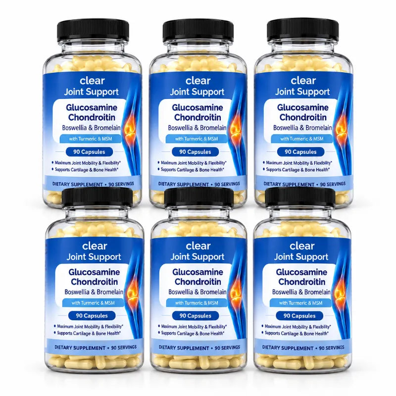 Six bottles of clear joint support dietary supplement arranged in two rows of three on a plain white background. Each bottle contains yellow capsules and has a blue label with black text and a black cap.