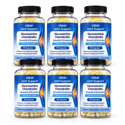 Six bottles of clear joint support dietary supplement arranged in two rows of three on a plain white background. Each bottle contains yellow capsules and has a blue label with black text and a black cap.