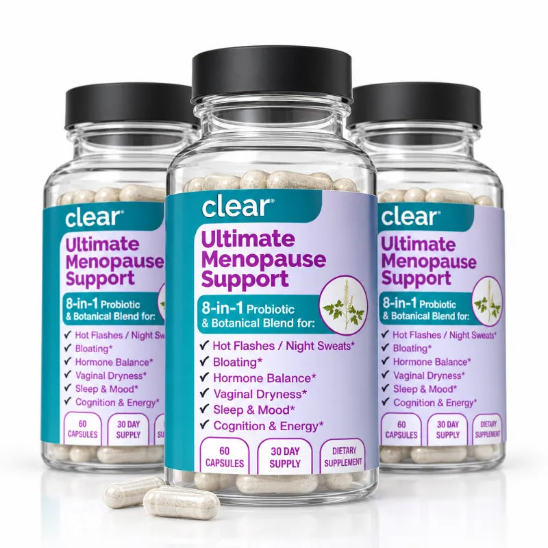 Three clear supplement bottles with black caps labeled 'clear Ultimate Menopause Support' arranged on a white background, with capsules visible inside and one capsule in front.