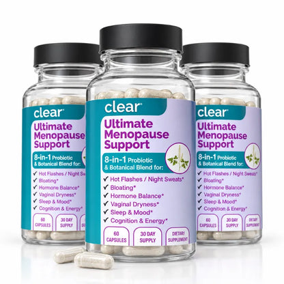 Three clear supplement bottles with black caps labeled 'clear Ultimate Menopause Support' arranged on a white background, with capsules visible inside and one capsule in front.