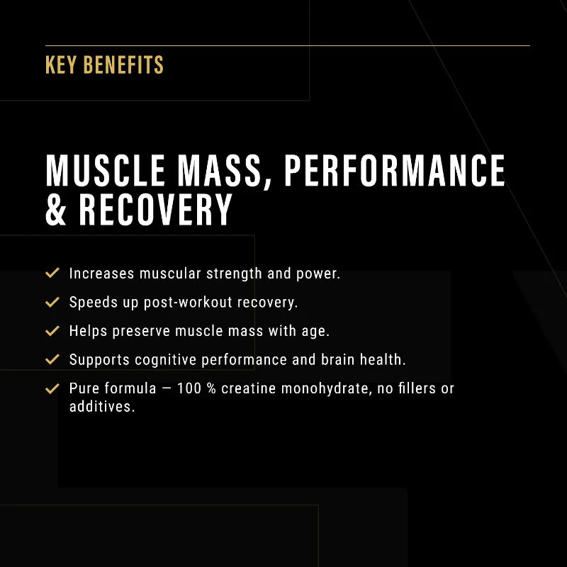 Key benefits of a supplement for muscle mass, performance, and recovery on a black background.