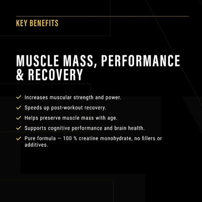 Key benefits of a supplement for muscle mass, performance, and recovery on a black background.