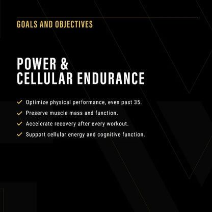 A black promotional graphic with gold and white text reading 'GOALS AND OBJECTIVES' and 'POWER & CELLULAR ENDURANCE,' followed by four bullet points about optimizing physical performance, preserving muscle mass and function, accelerating recovery, and supporting cellular energy and cognitive function.