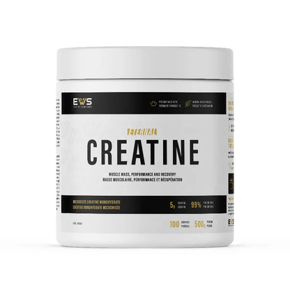 Container of EWS Creatine supplement on a white background