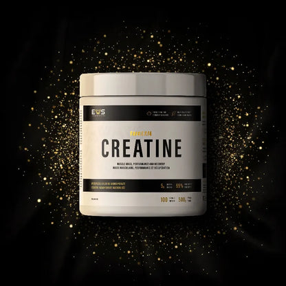 A white tub of EWS Creatine 240g supplement powder, centered against a black background with a gold glittery particle effect.