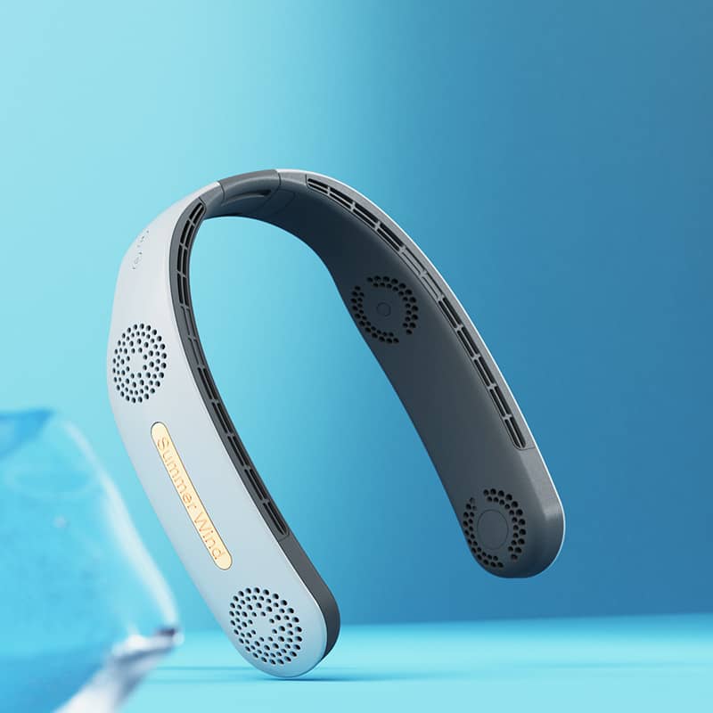 Gray neckband with a gold logo on a blue background