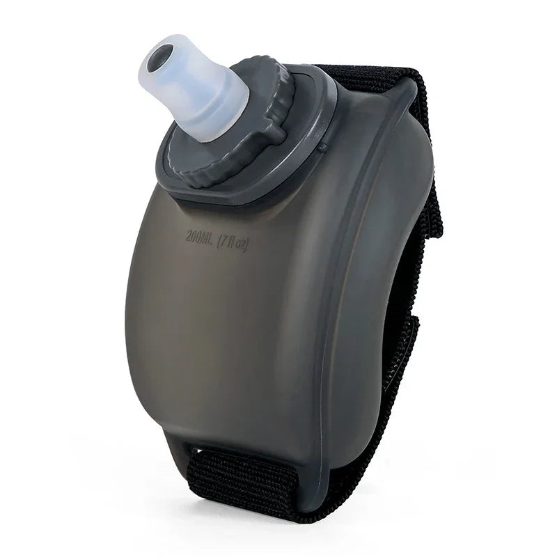 Compact black hydration flask with strap, 200ml capacity, ideal for fitness and outdoor activities