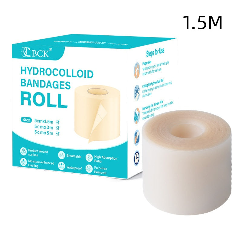 BCK hydrocolloid bandages roll packaging with a roll of bandages on a white background