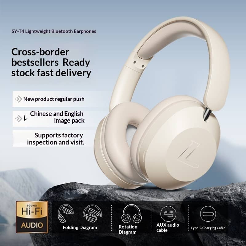 Beige Bluetooth earphones on a rock with promotional text and product features.