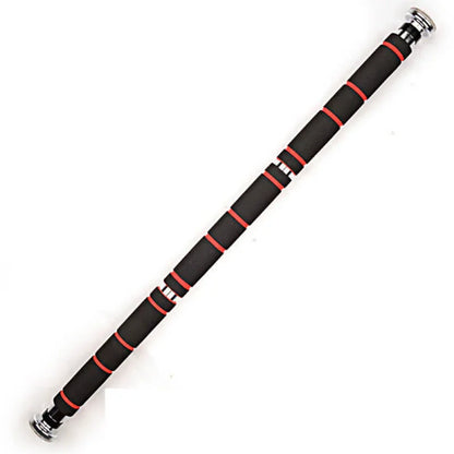Adjustable pull-up bar with black foam grips and red accents for home fitness workouts