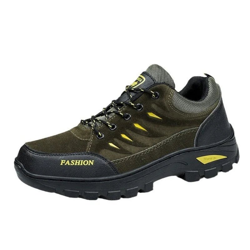 Outdoor hiking shoe with rugged sole, mesh details, and yellow accents, ideal for fitness.
